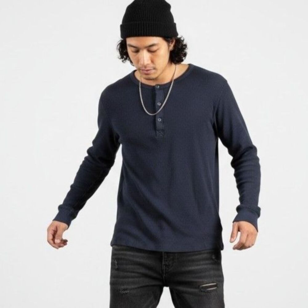 Banana Republic Y2K Henley Pullover Mens L Washed Navy Waffle Knit 3 Button